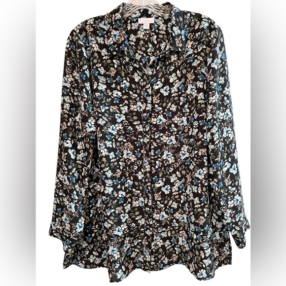 J Jill Floral Long Sleeve Button Down Layered Blouse Medium Petite - Picture 1 of 8
